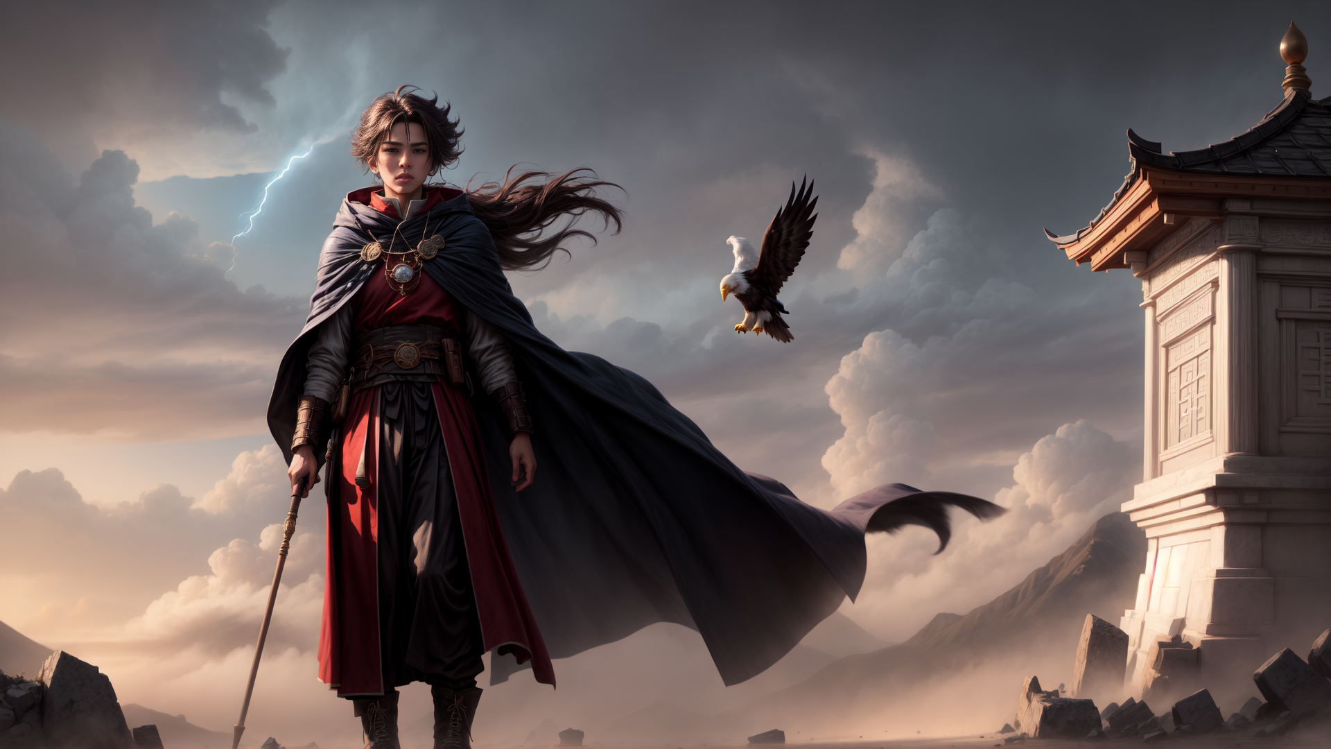 AI generated wallpaper featuring warrior, eagle, temple