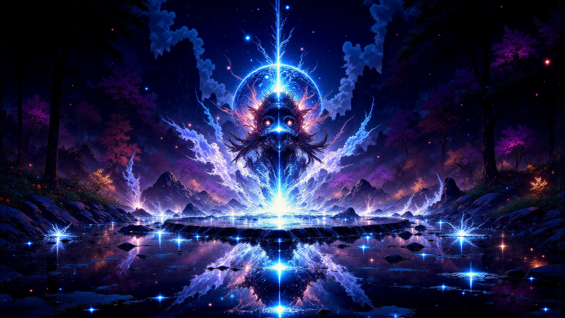 AI generated wallpaper featuring goddess, moon, forest, river, lightning, trees, mountains, stars, reflection, luminescence