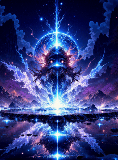 goddess, moon, forest, river, lightning, trees, mountains, stars, reflection, luminescence