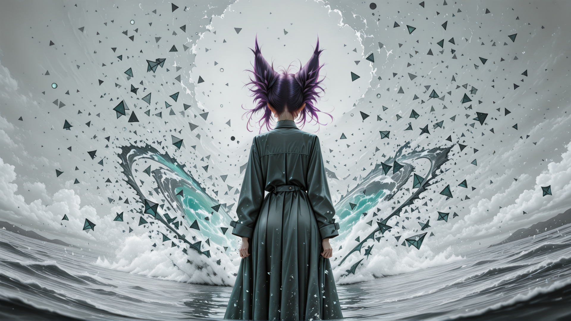 AI generated wallpaper featuring girl, triangles, waves