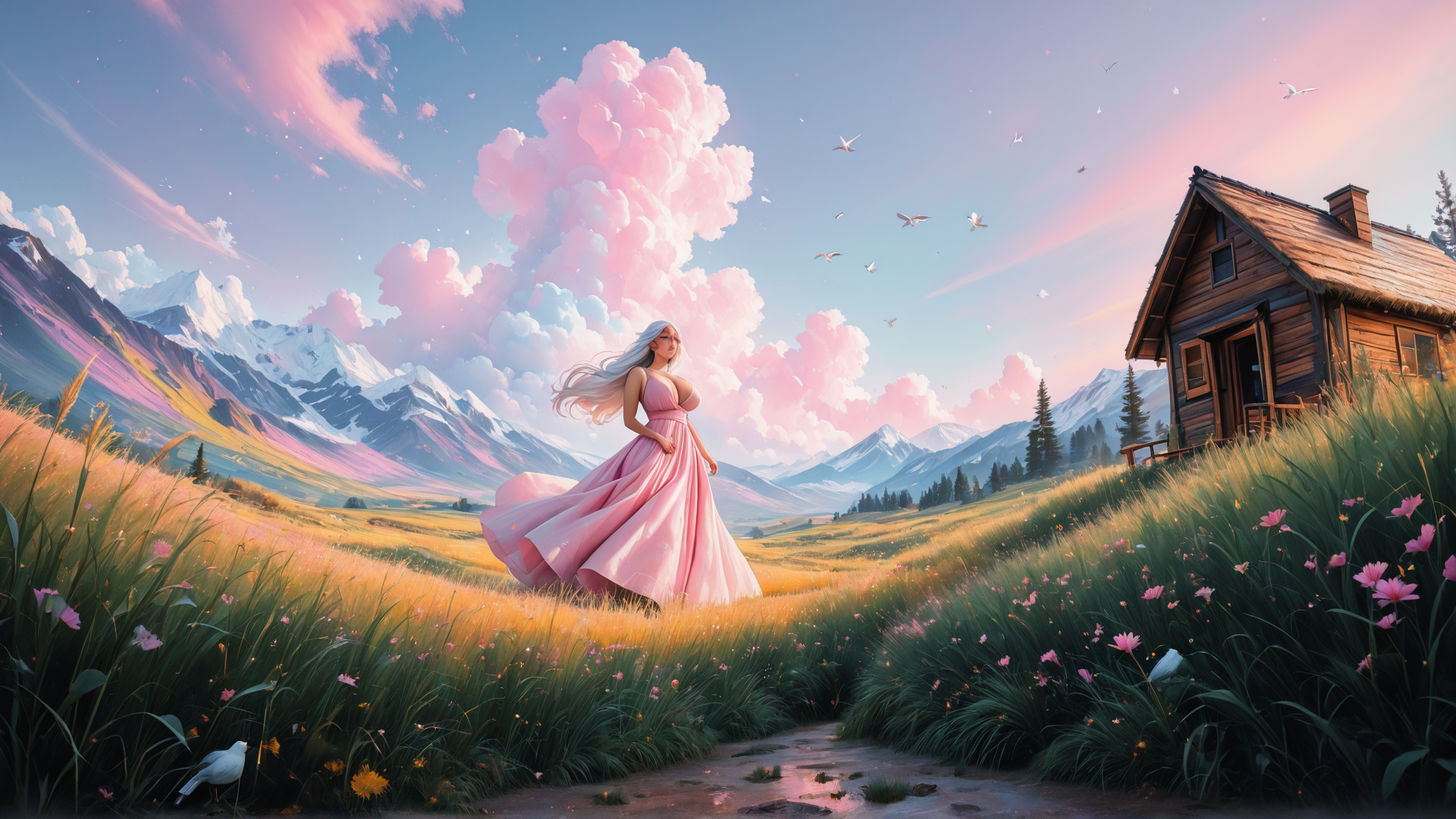 AI generated wallpaper featuring woman, house, clouds