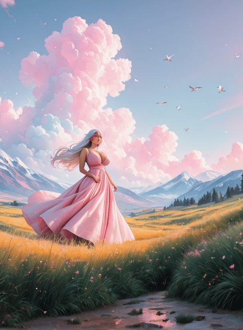 woman, house, clouds