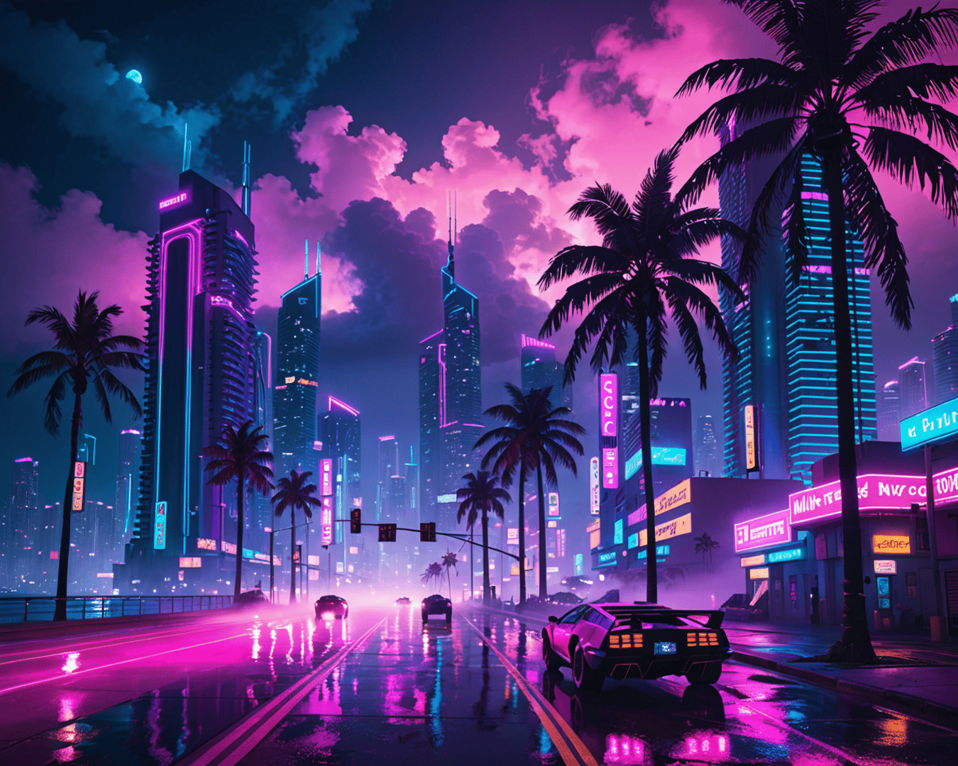 AI generated wallpaper featuring city, palm trees, cars