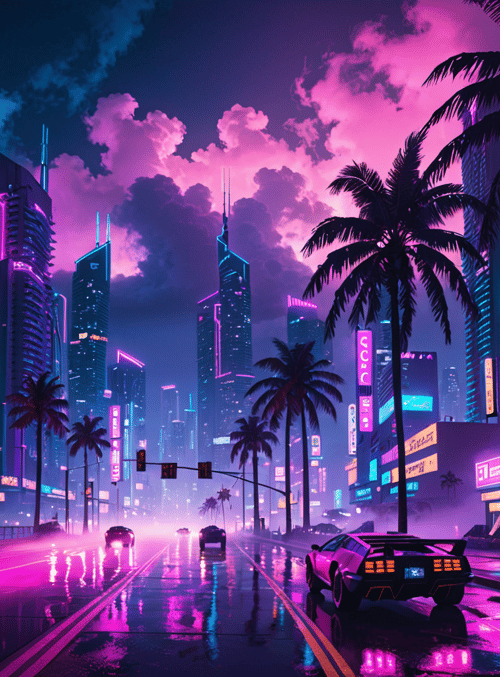 city, palm trees, cars