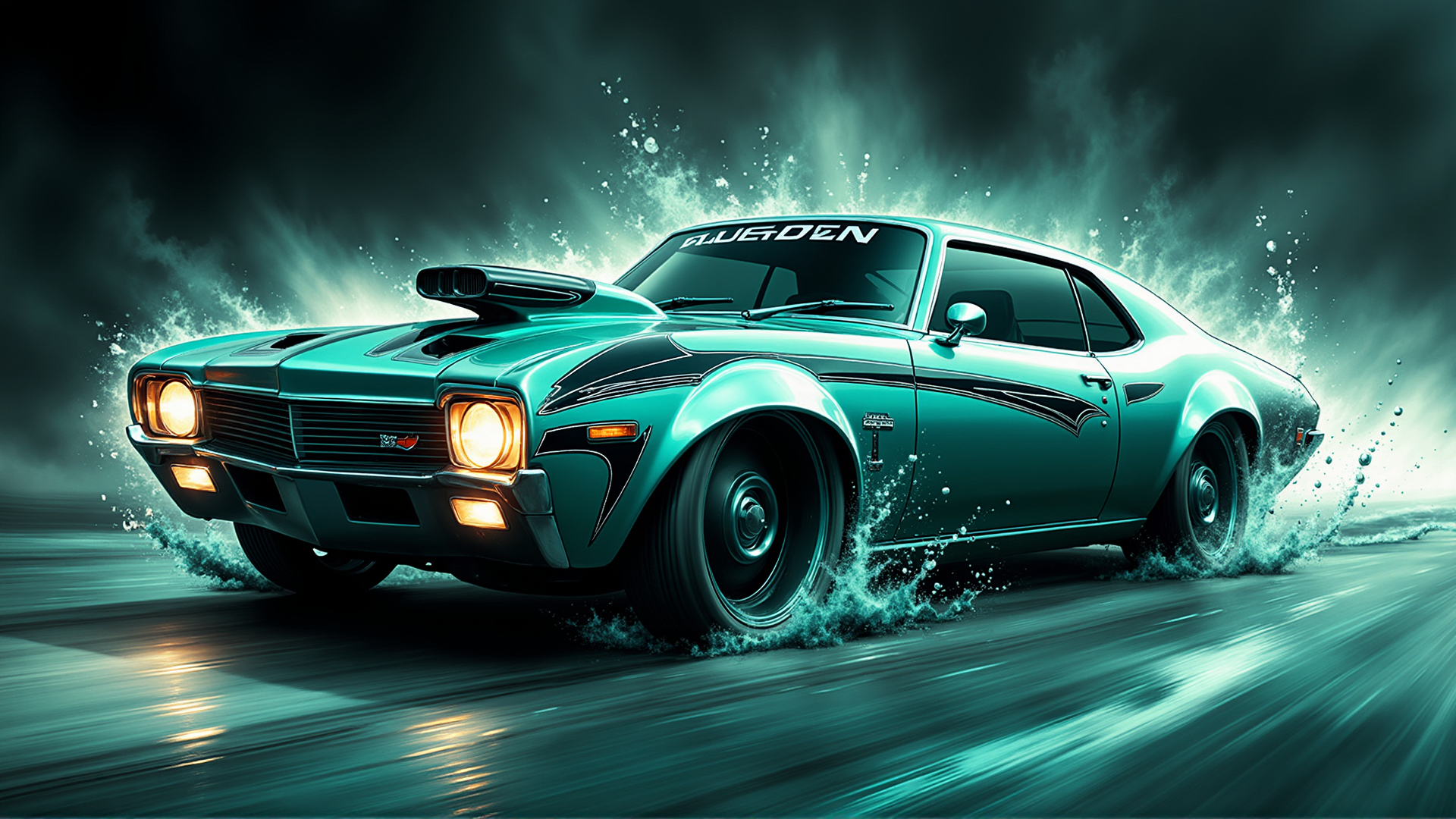 AI generated wallpaper featuring car, muscle car, chevrolet, drag racing, classic car