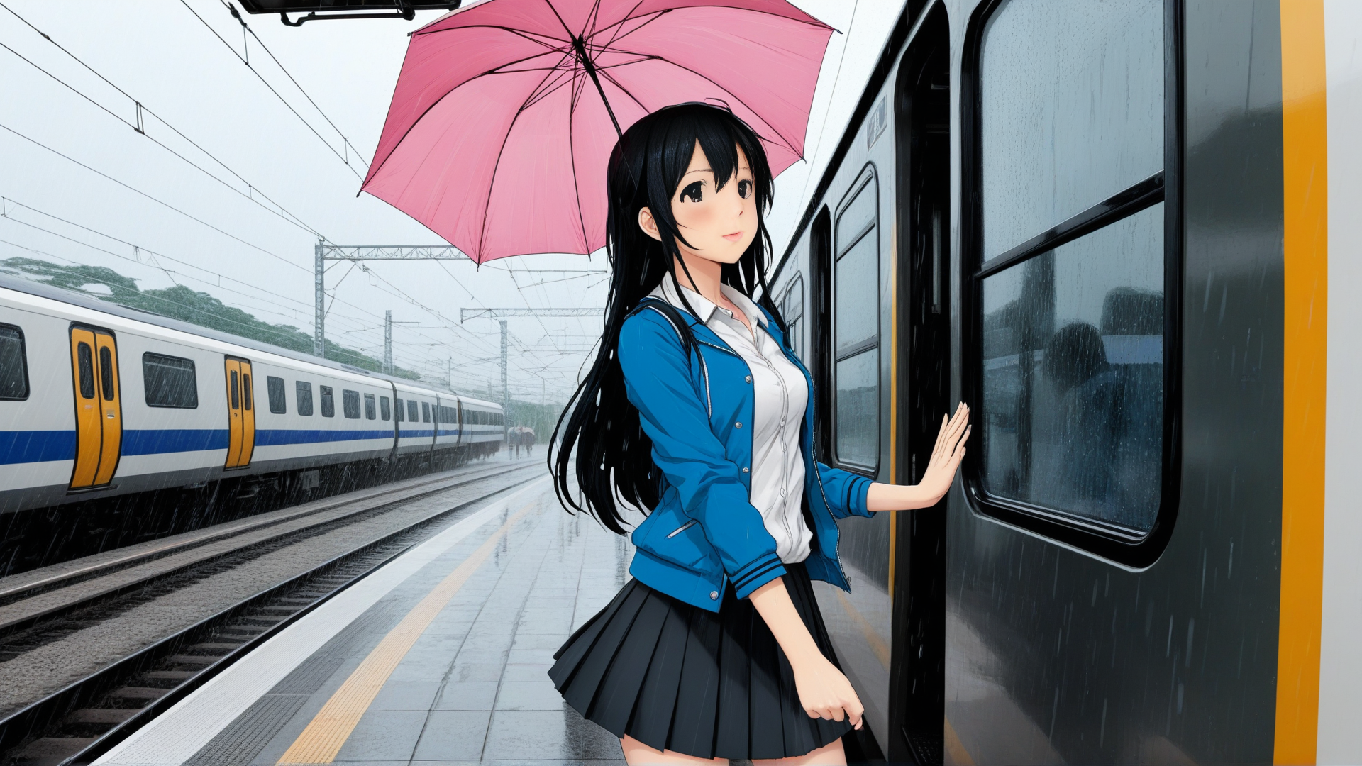 AI generated wallpaper featuring girl, train, umbrella