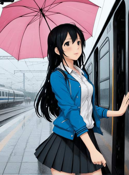 girl, train, umbrella