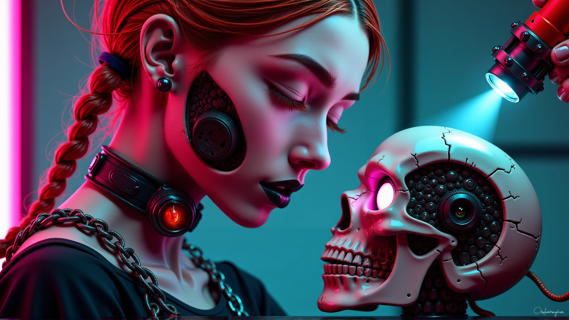AI generated wallpaper featuring cyborg, skull, light