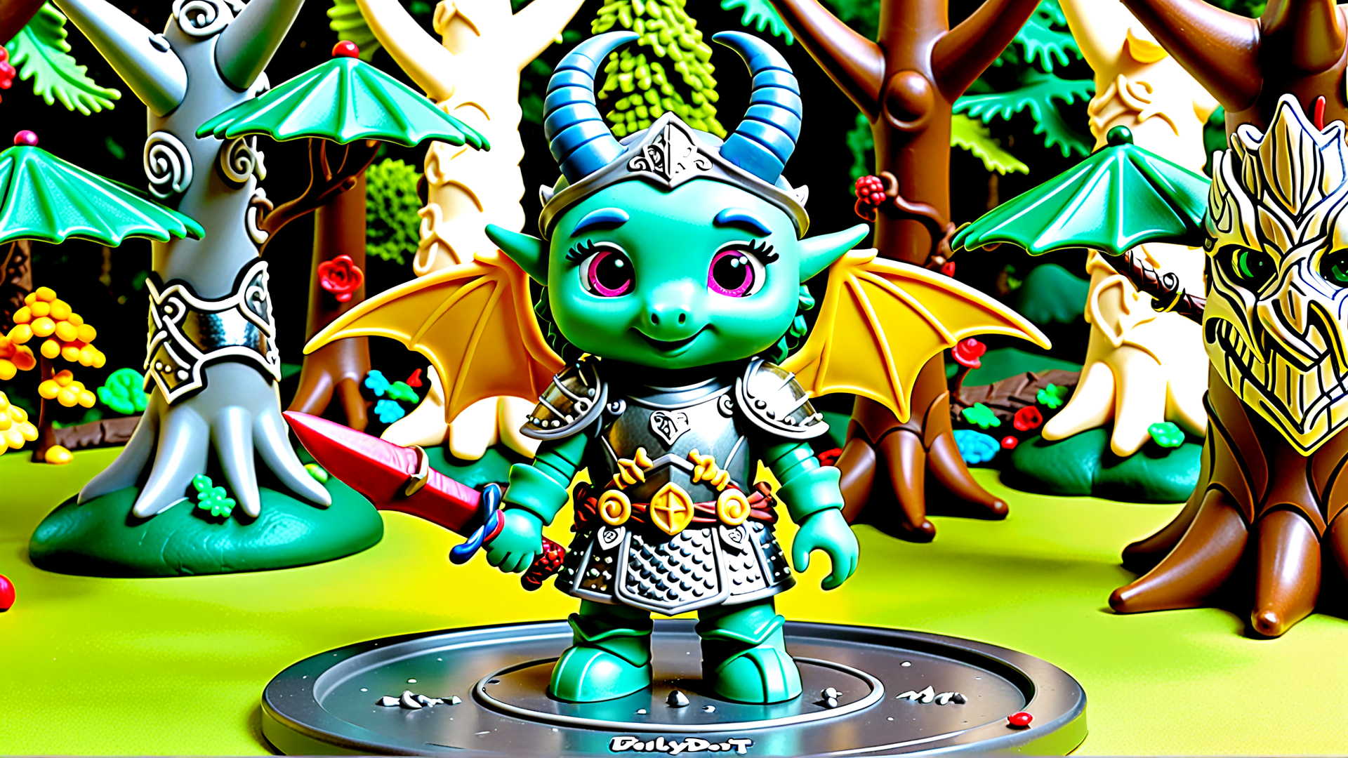 AI generated wallpaper featuring dragon, toy, character, armor, sword, tree, umbrella, forest, figure, goblin
