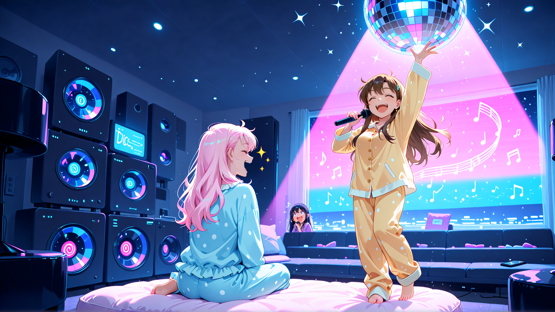 AI generated wallpaper featuring girls, disco, microphone