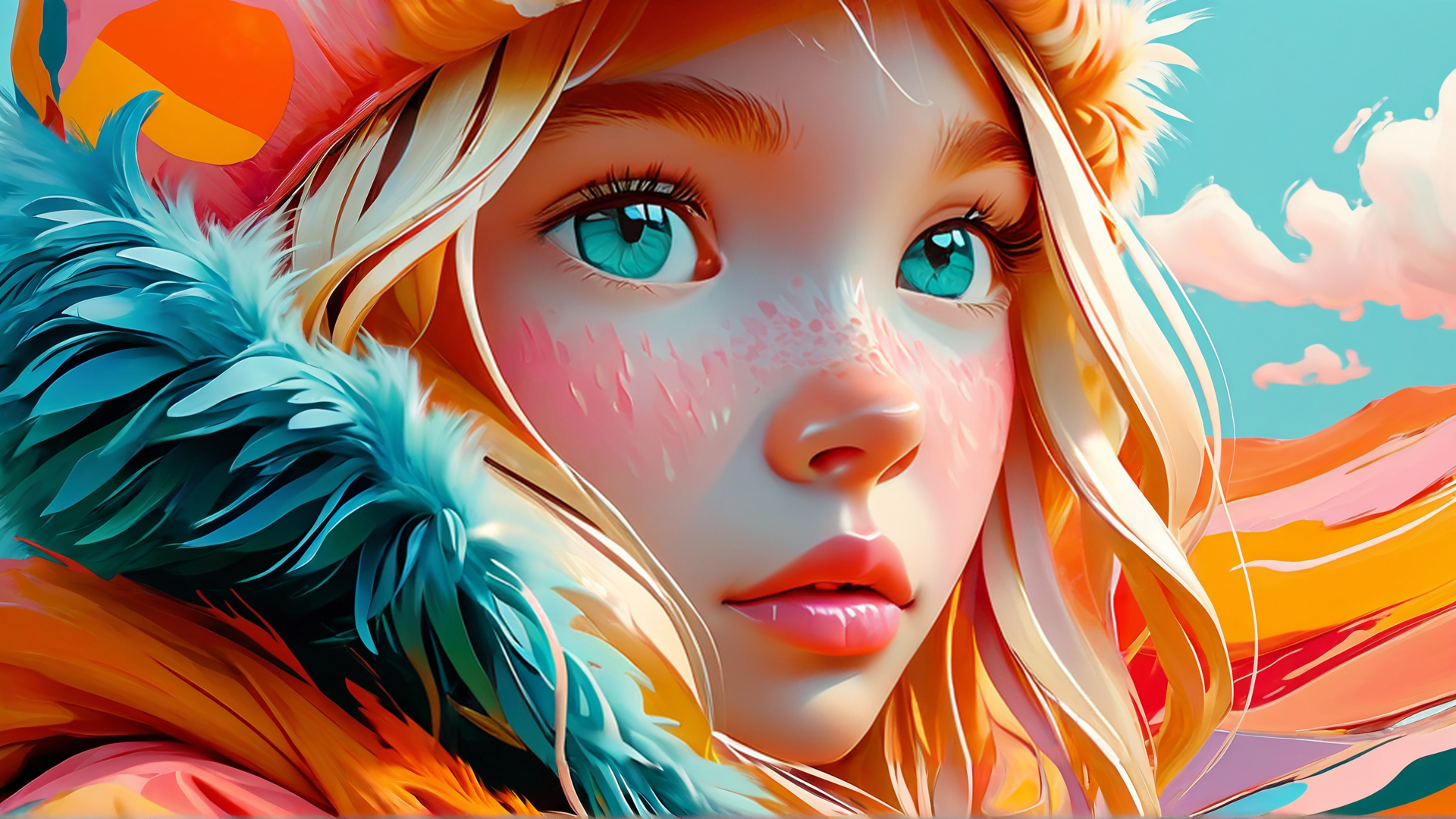 AI generated wallpaper featuring girl, feathers, sun, clouds, hair