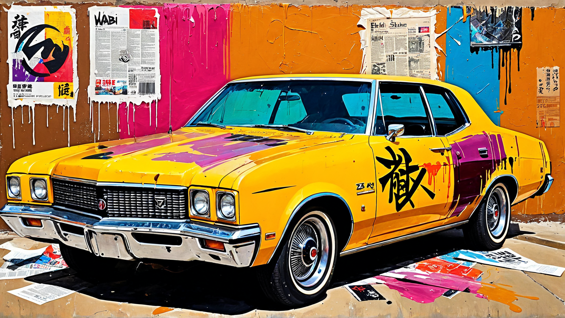 AI generated wallpaper featuring car, wall, posters, paint, newspaper, art, graffiti, street, vintage, spray