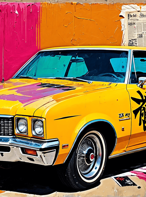 car, wall, posters, paint, newspaper, art, graffiti, street, vintage, spray