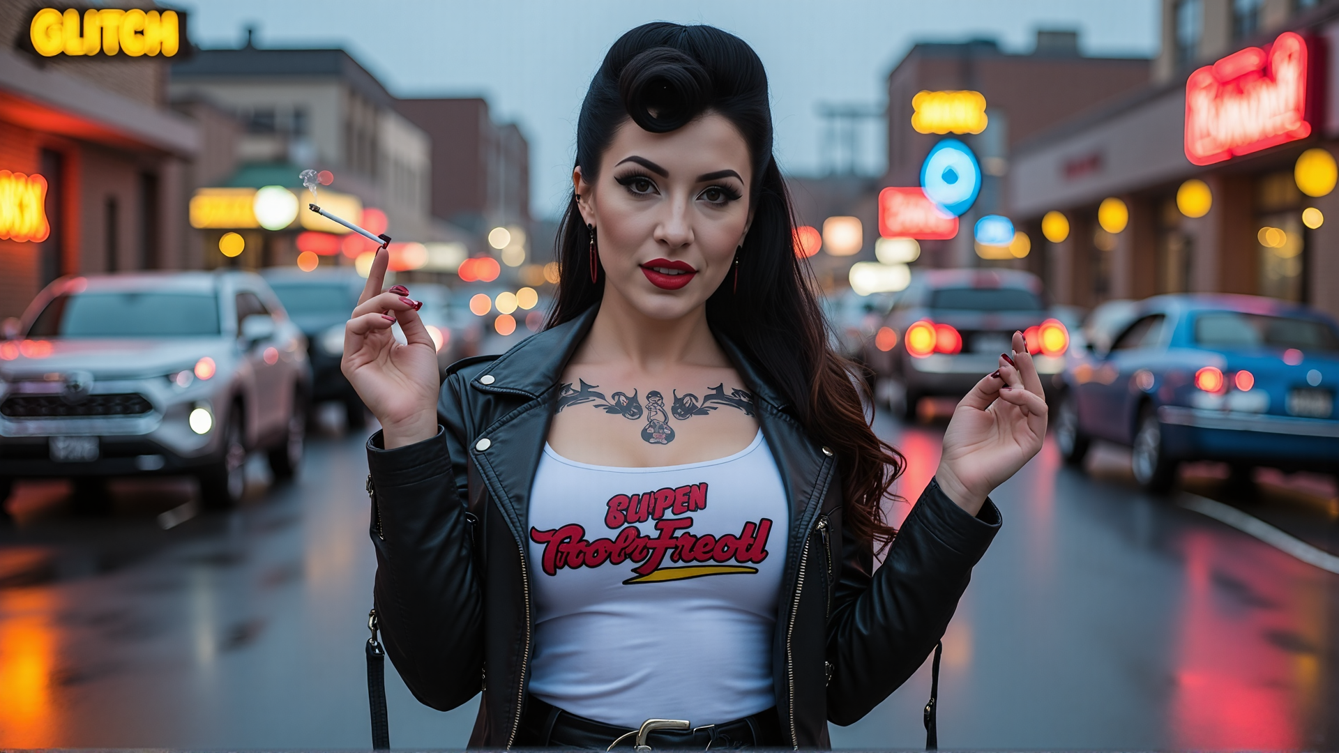 AI generated wallpaper featuring woman, tattoo, cigarette, leather jacket, car, street, sign