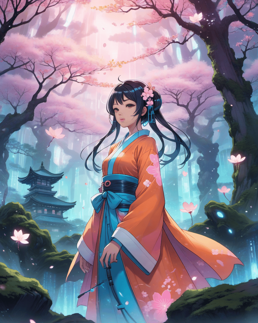 AI generated wallpaper featuring woman, cherry blossoms, pagoda