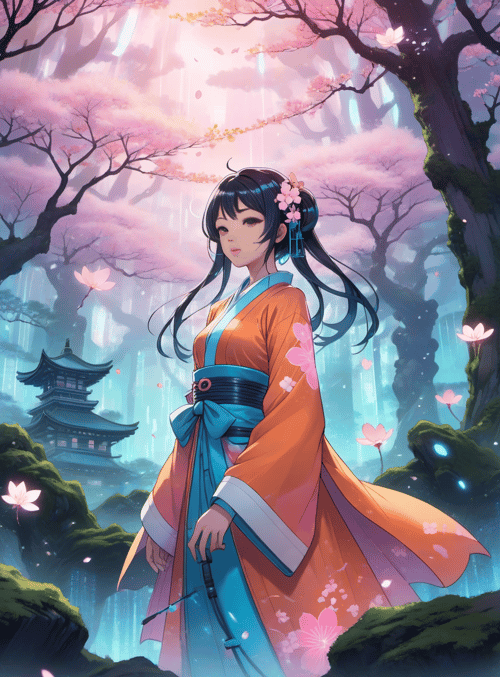 woman, cherry blossoms, pagoda