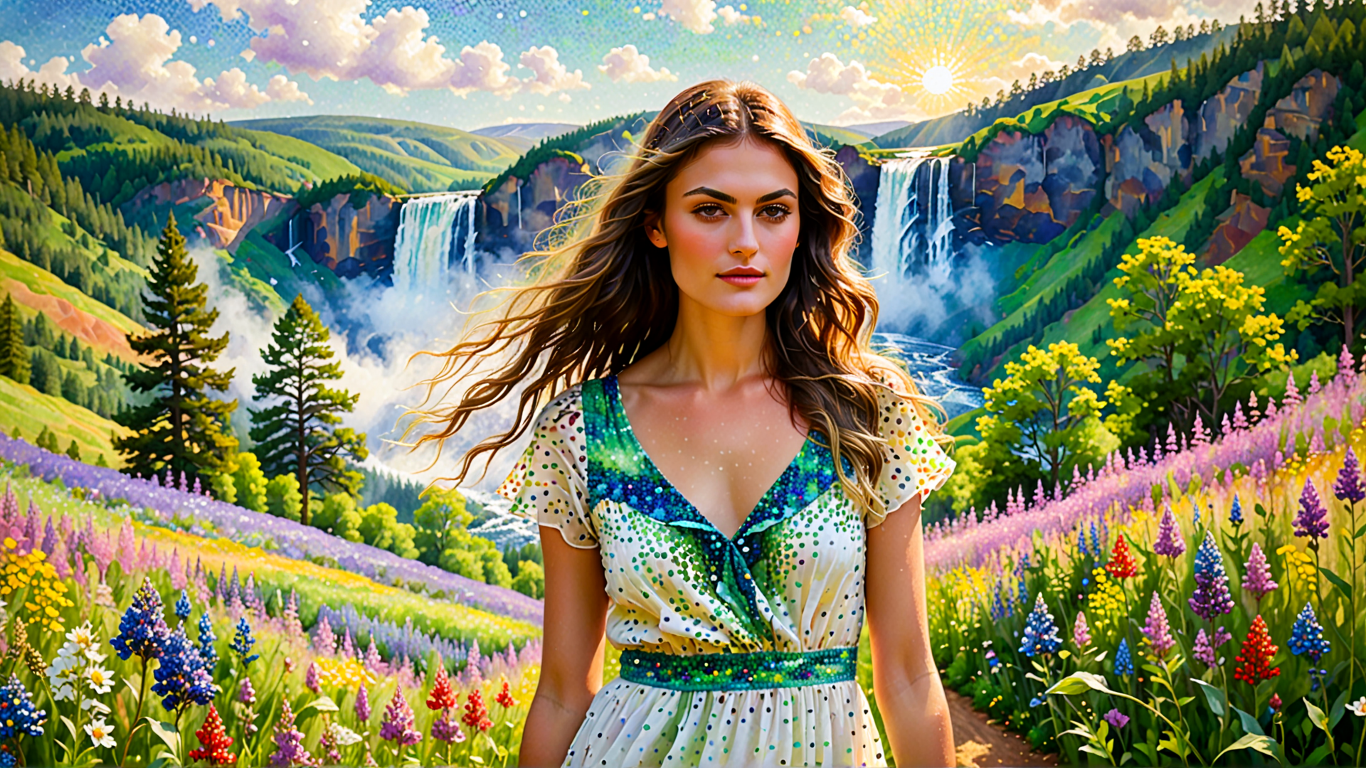 AI generated wallpaper featuring woman, flowers, waterfall, mountains, trees