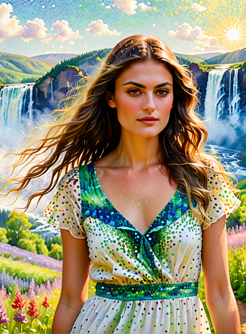 woman, flowers, waterfall, mountains, trees