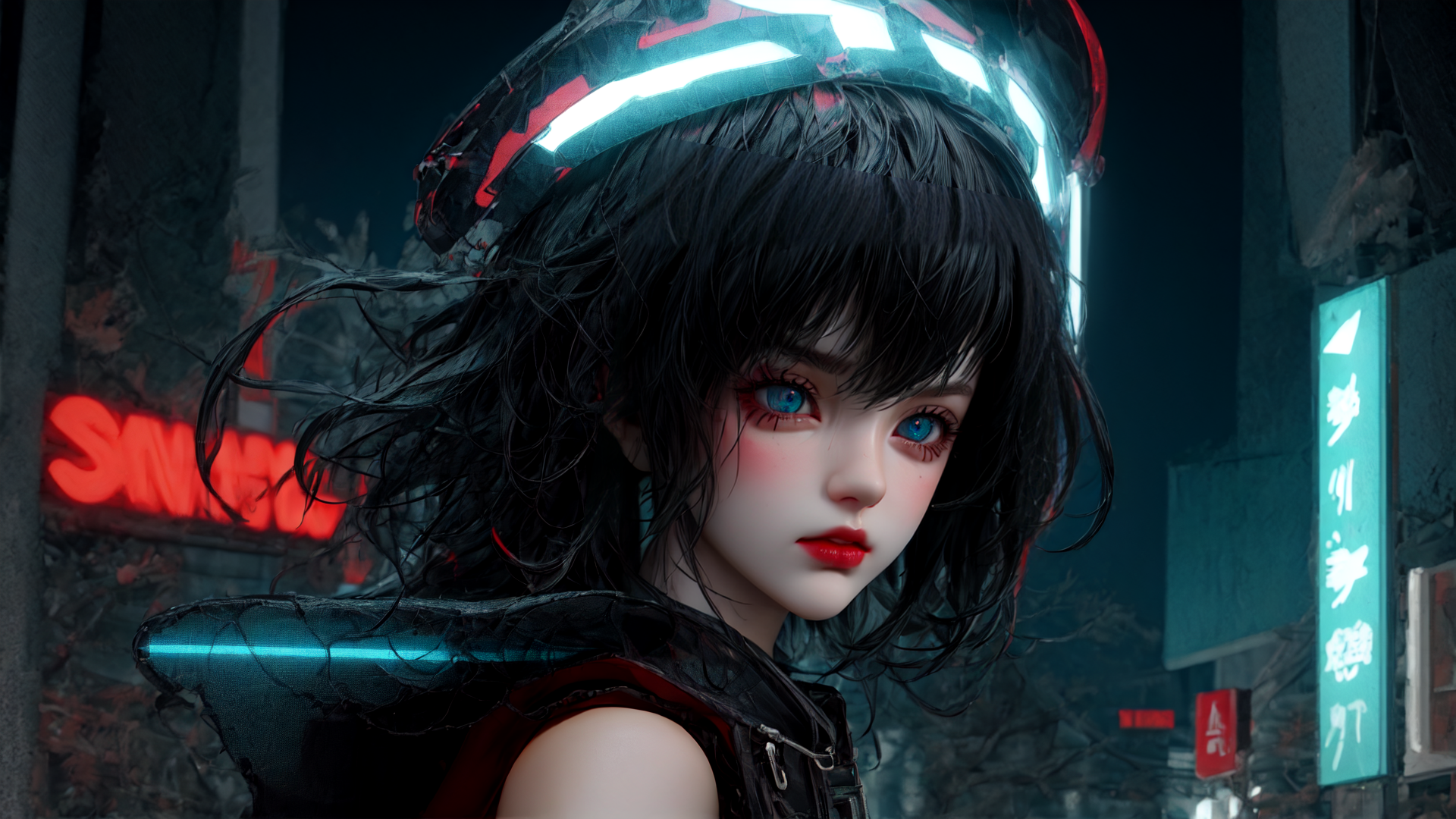 AI generated wallpaper featuring cyborg, girl, neon