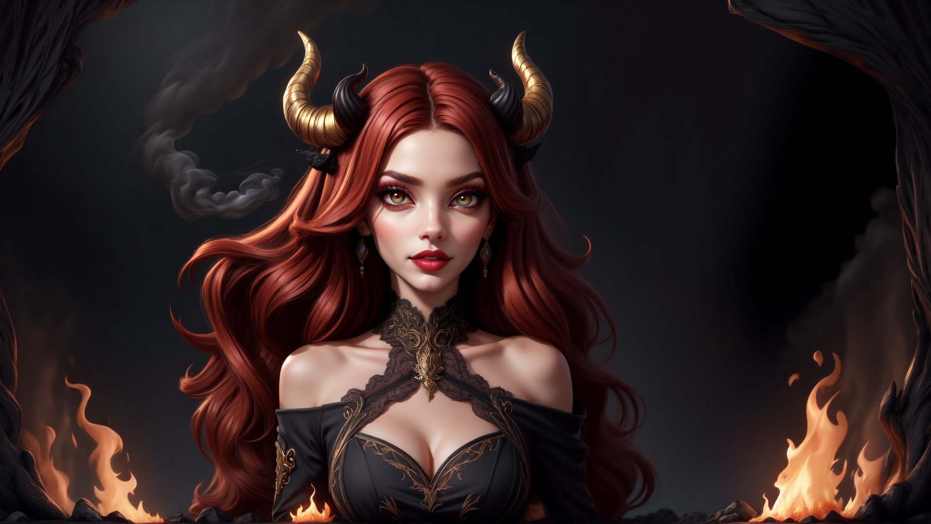 AI generated wallpaper featuring devil, woman, horn, fire, tree, smoke