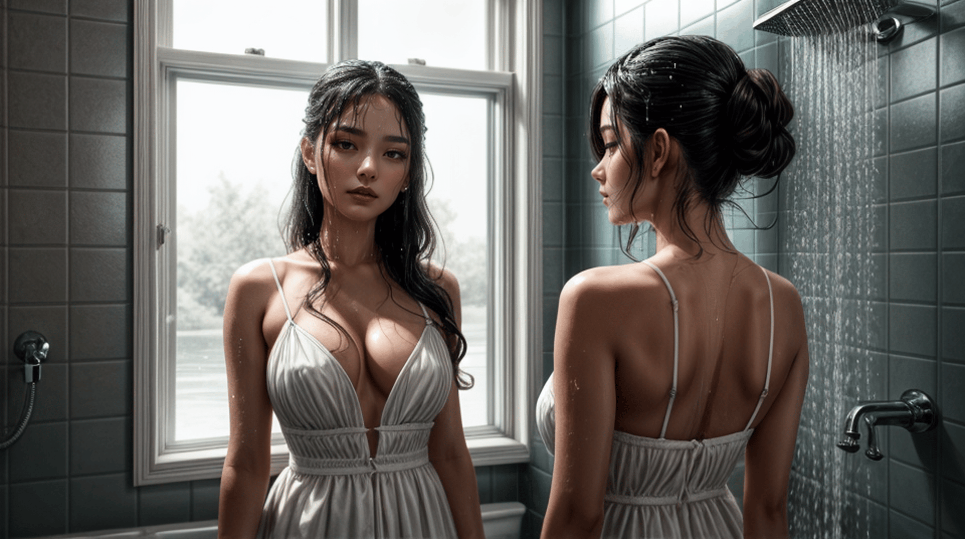 AI generated wallpaper featuring woman, dress, bathroom