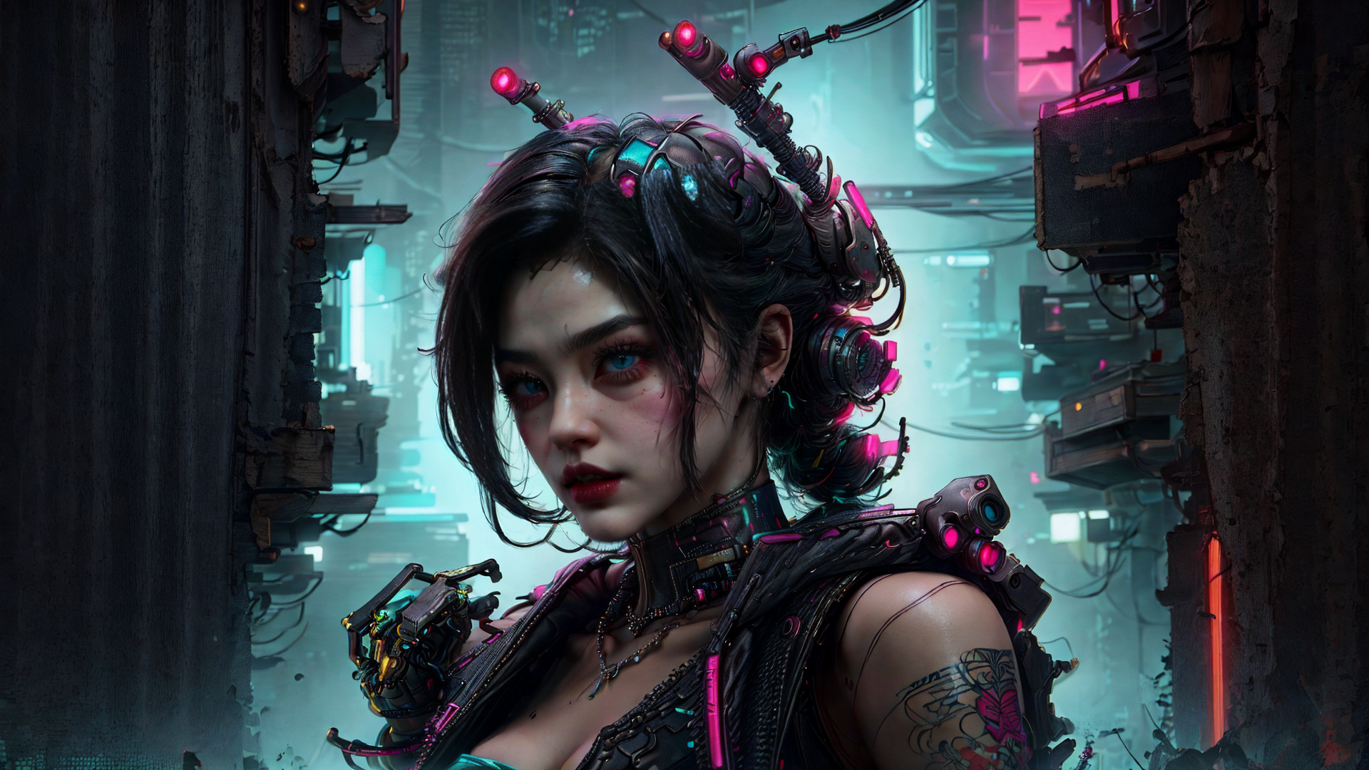 AI generated wallpaper featuring cyborg, woman, goggles
