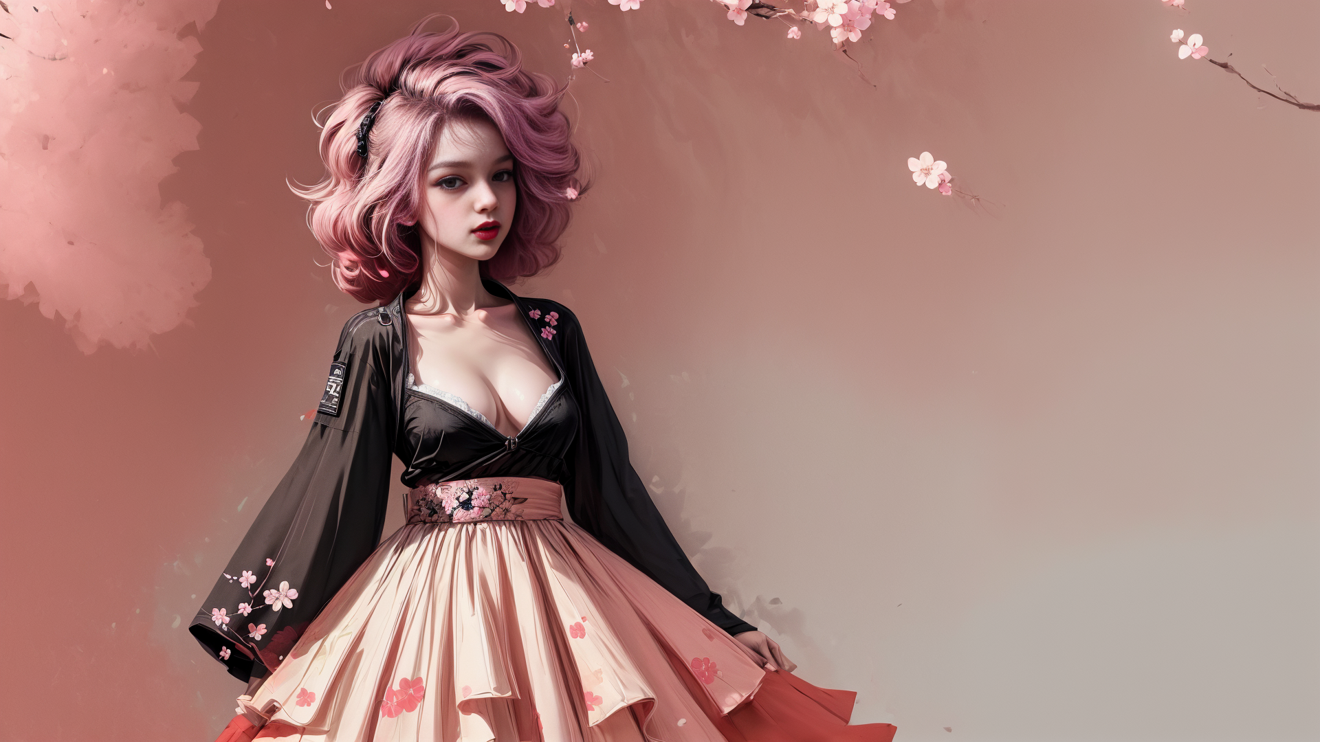 AI generated wallpaper featuring woman, cherry blossom, kimono