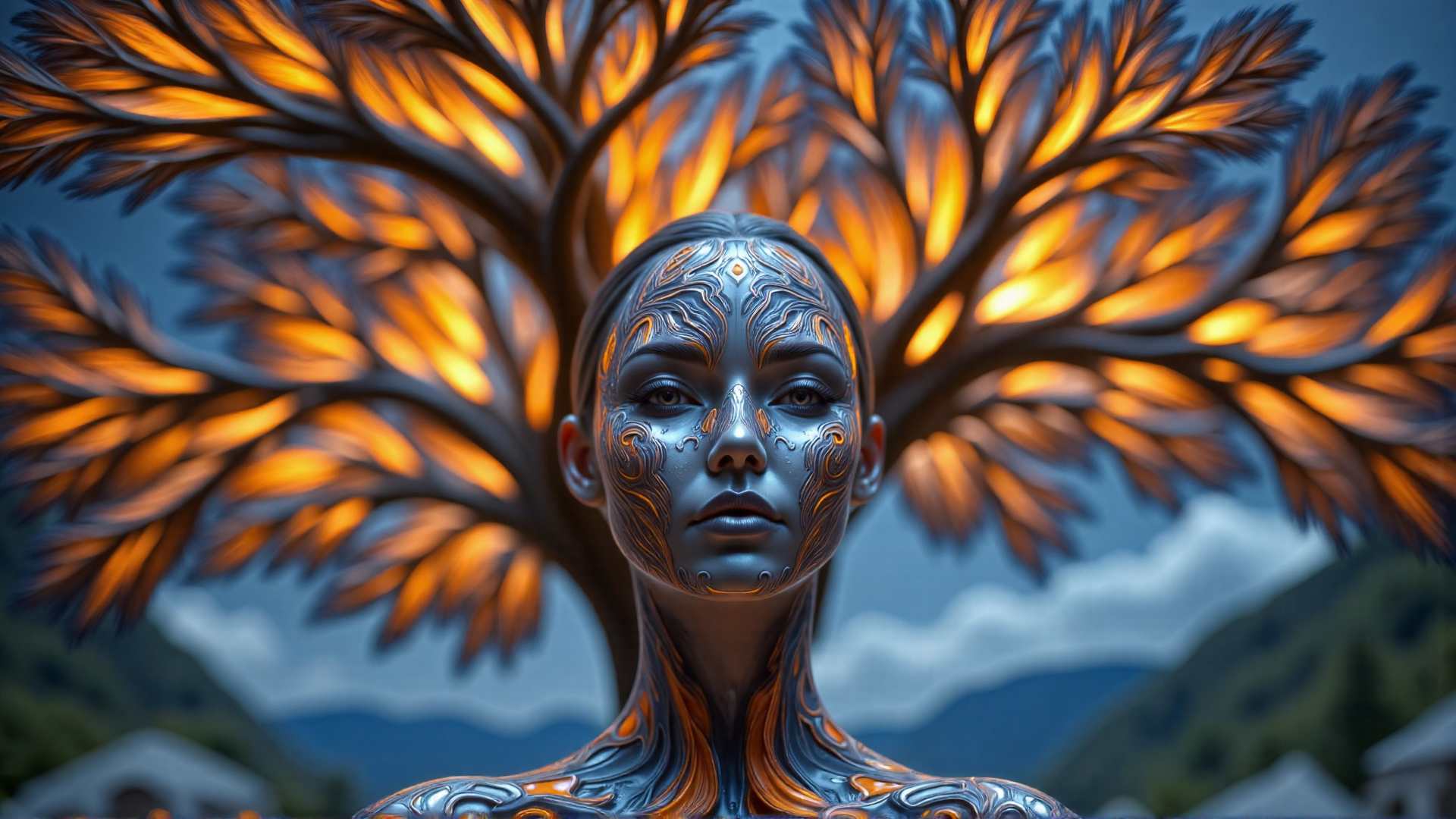 AI generated wallpaper featuring woman, tree, face, body, art, nature, design, figure, symbol, pattern