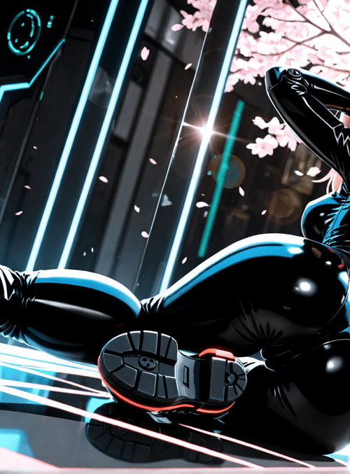 woman, cyberpunk, cherry blossom, futuristic, robot, gloves, boots, neon, leather, sneakers