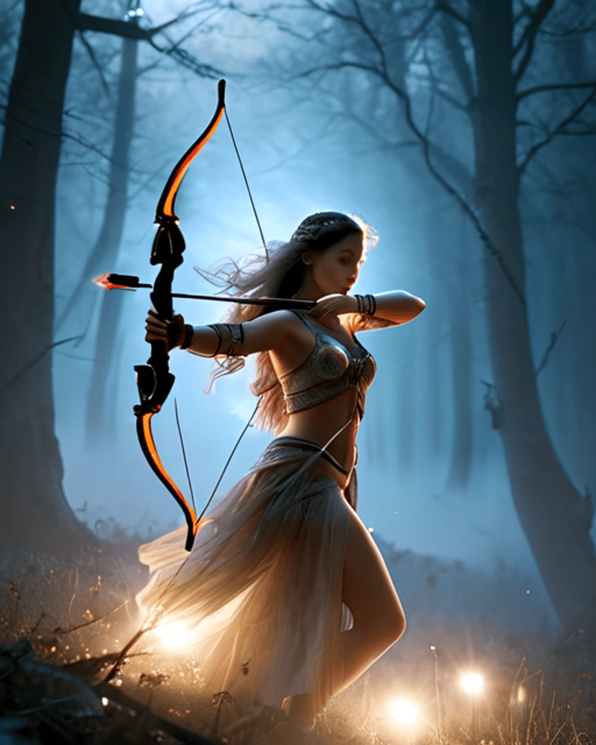 AI generated wallpaper featuring archer, woman, bow, forest, fairy, light, trees, arrow, dress, mist
