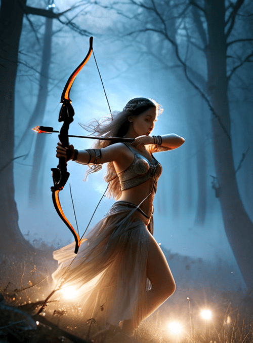 archer, woman, bow, forest, fairy, light, trees, arrow, dress, mist