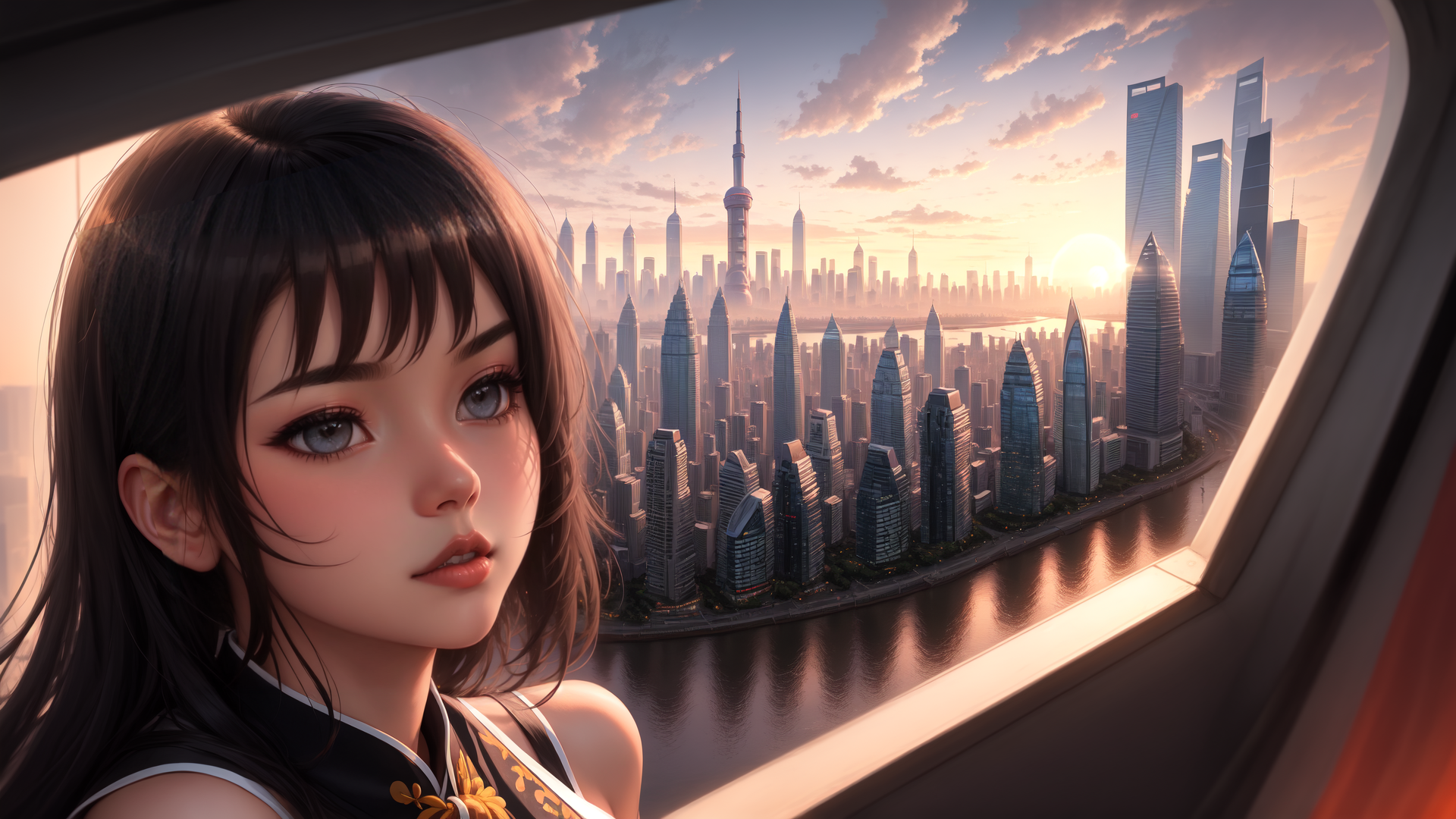 AI generated wallpaper featuring woman, cityscape, window