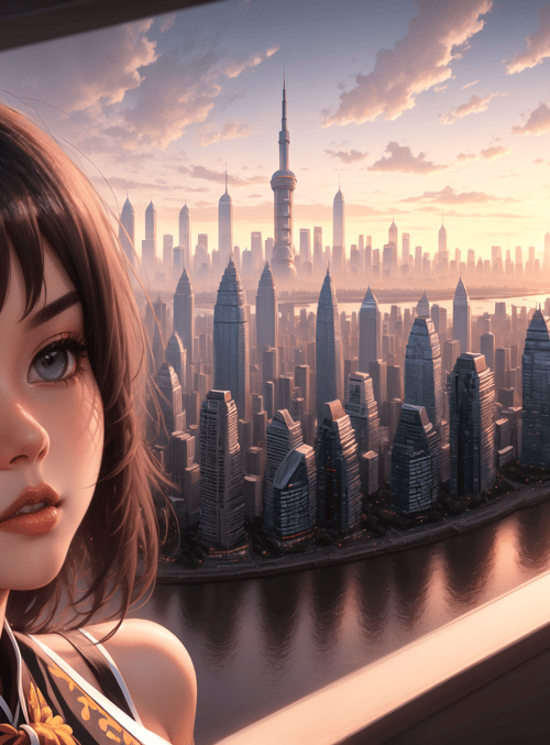 woman, cityscape, window