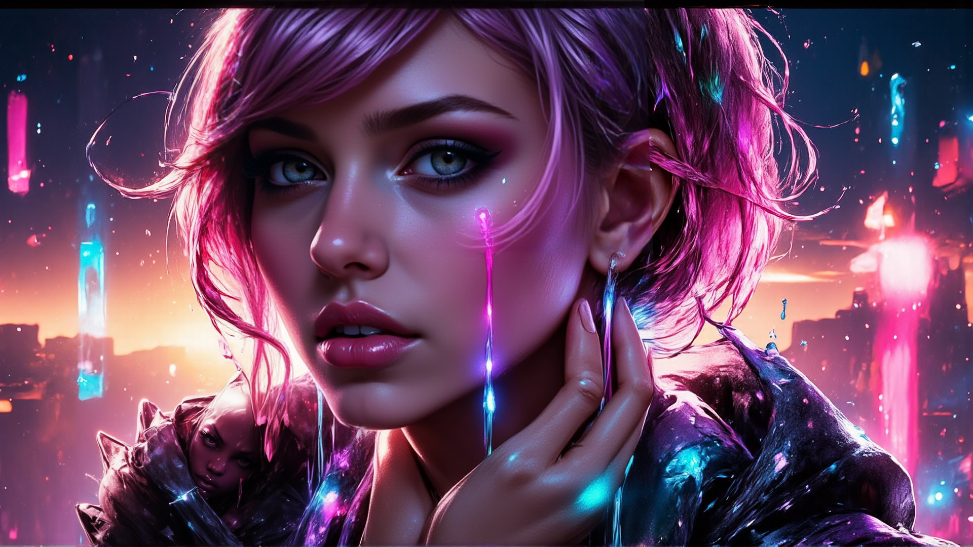 AI generated wallpaper featuring woman, cybernetic, tears