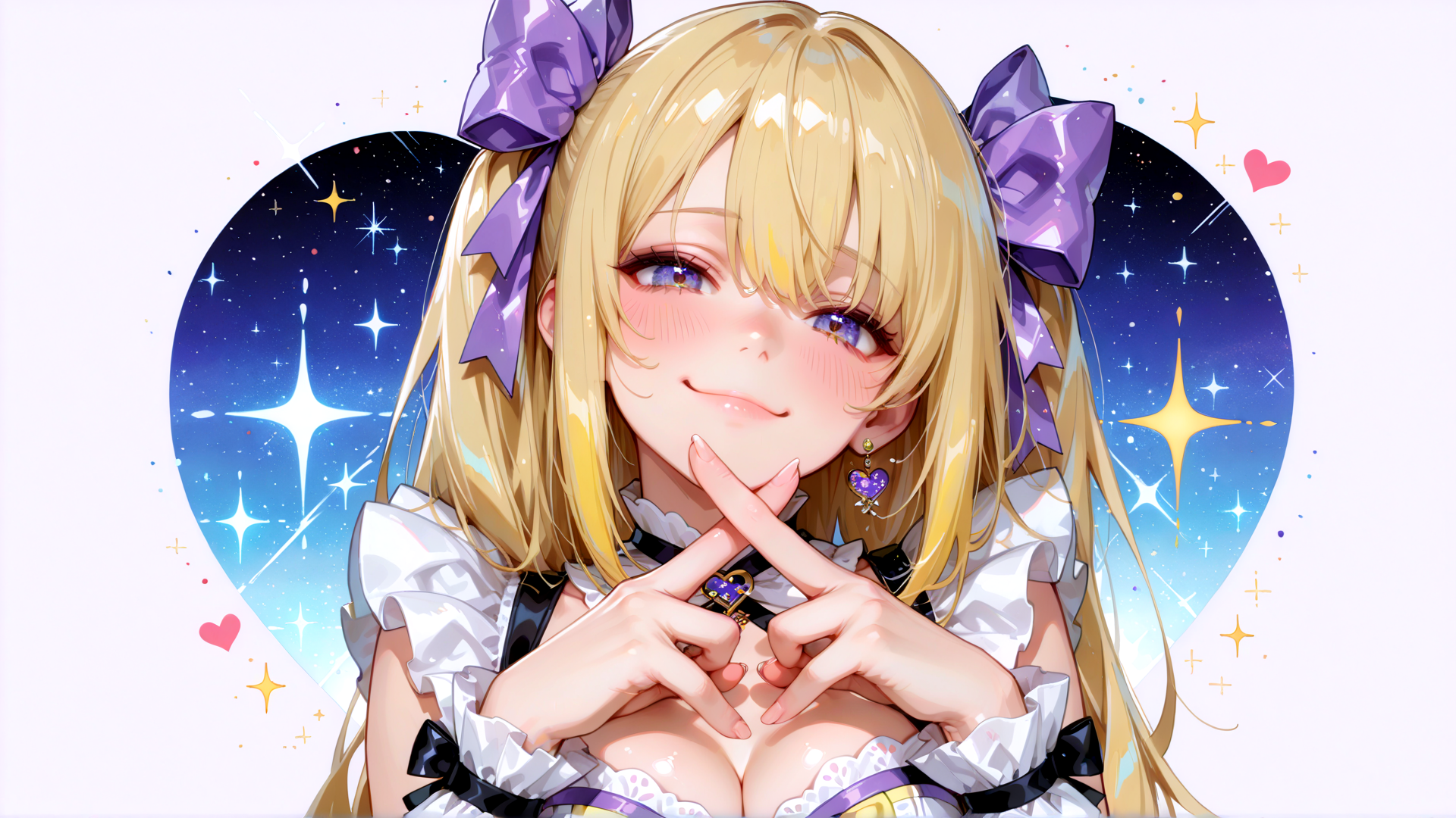 AI generated wallpaper featuring anime girl, blonde hair, purple bows, hearts, stars, ladybug, dress
