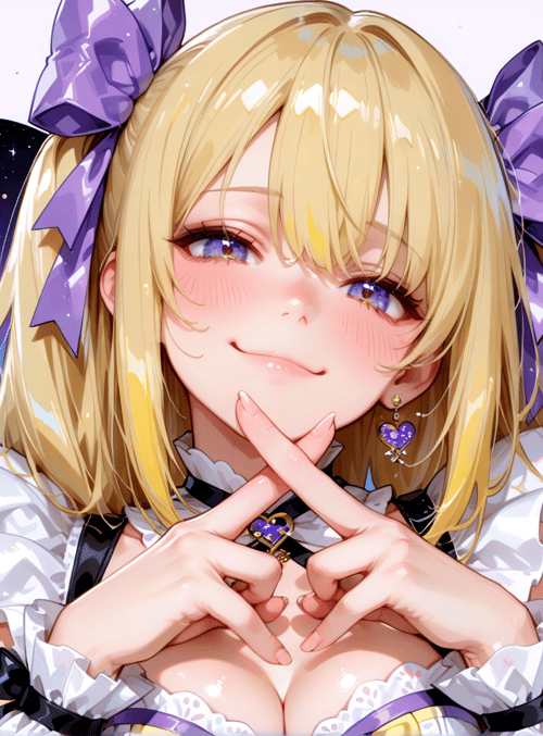anime girl, blonde hair, purple bows, hearts, stars, ladybug, dress