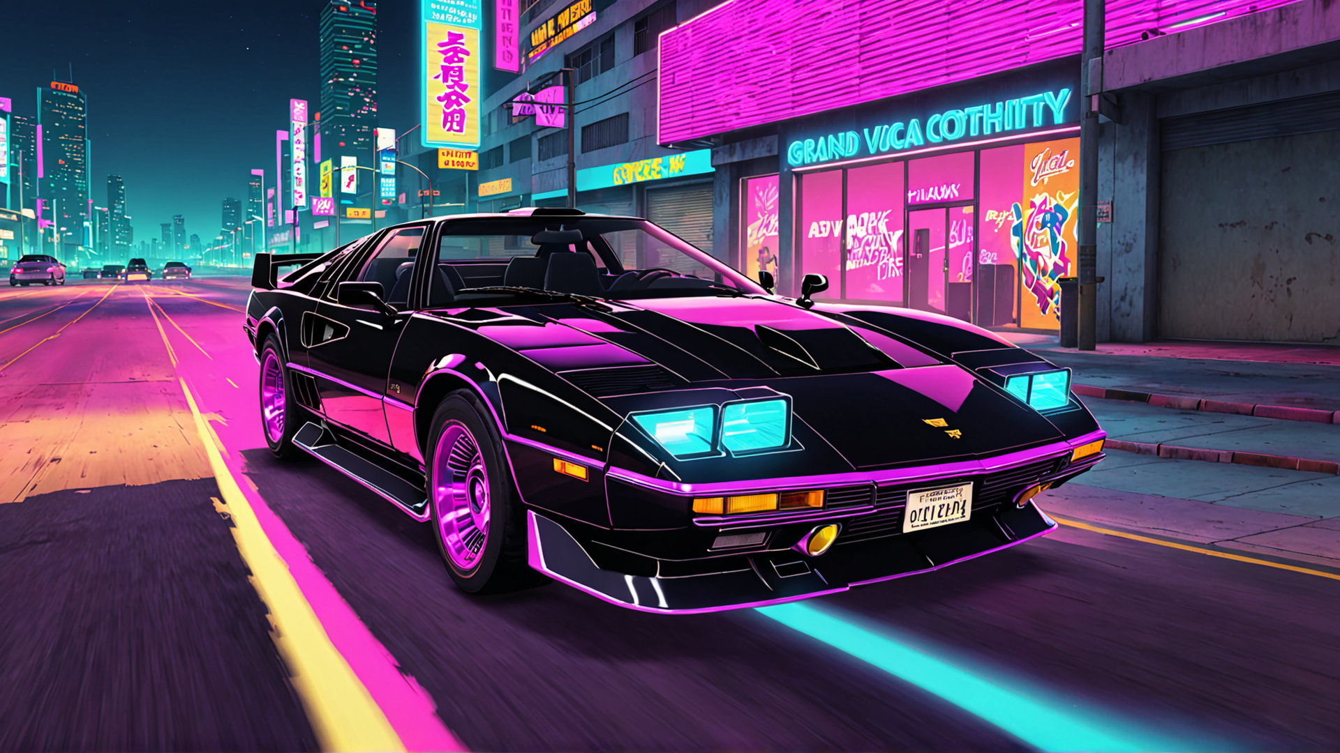 AI generated wallpaper featuring car, cityscape, neon