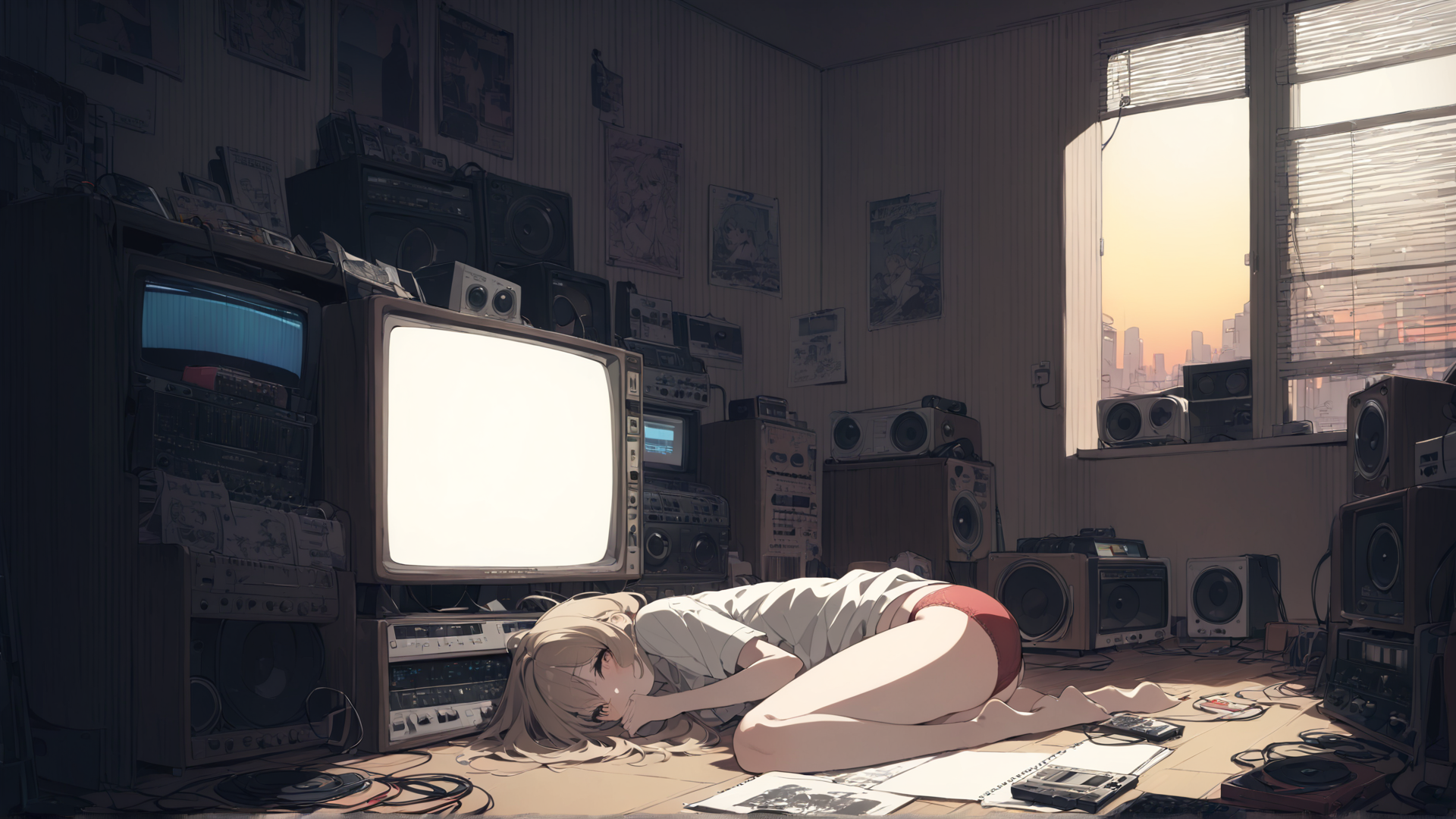 AI generated wallpaper featuring anime girl, vintage electronics, room