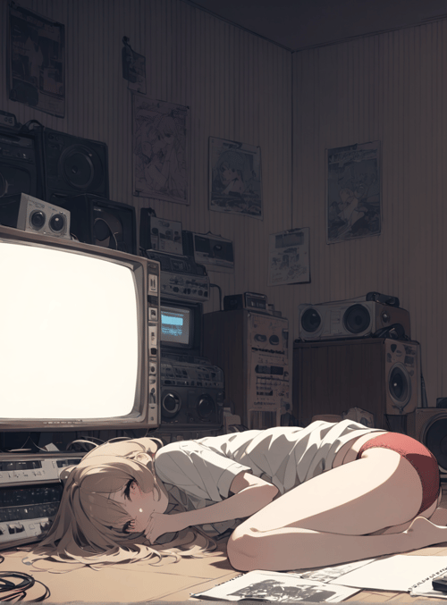 anime girl, vintage electronics, room