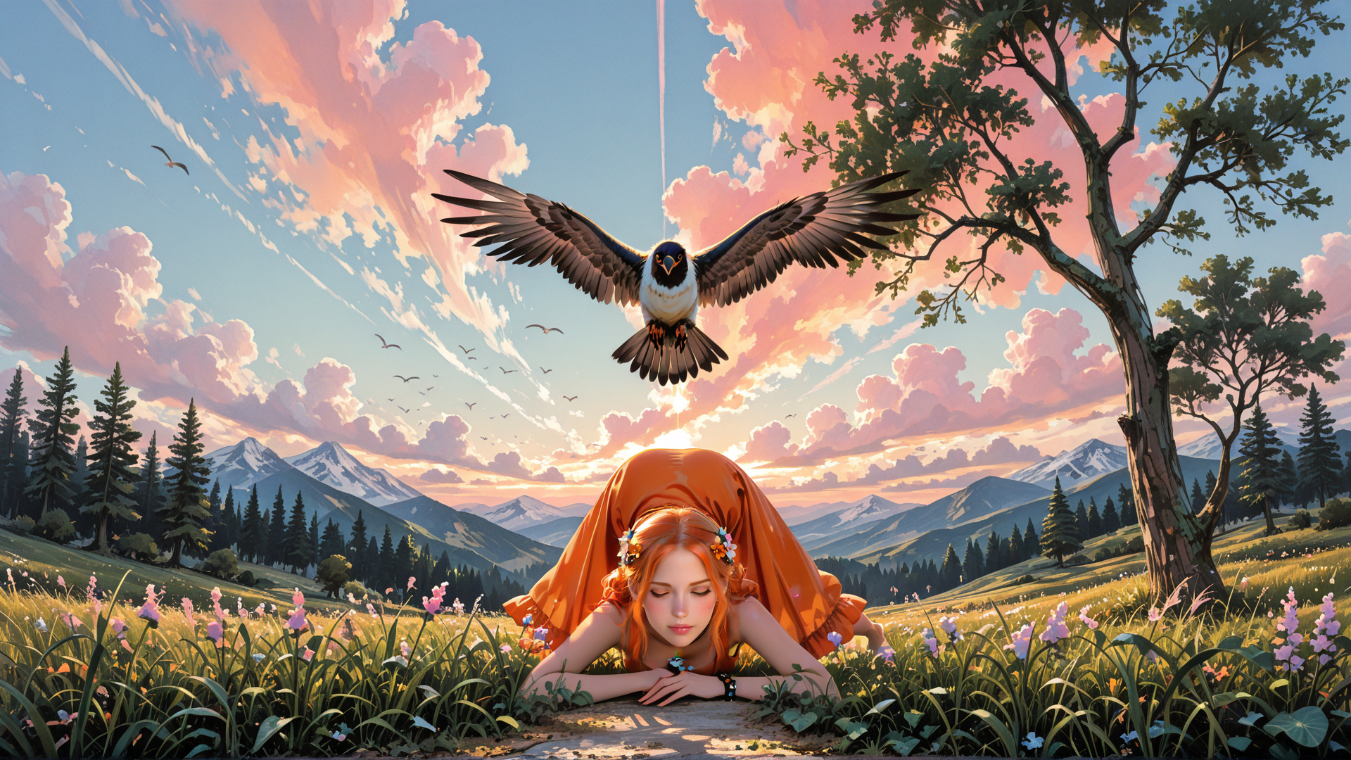 AI generated wallpaper featuring girl, eagle, flowers, mountains, trees, sky