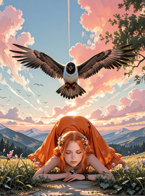 girl, eagle, flowers, mountains, trees, sky