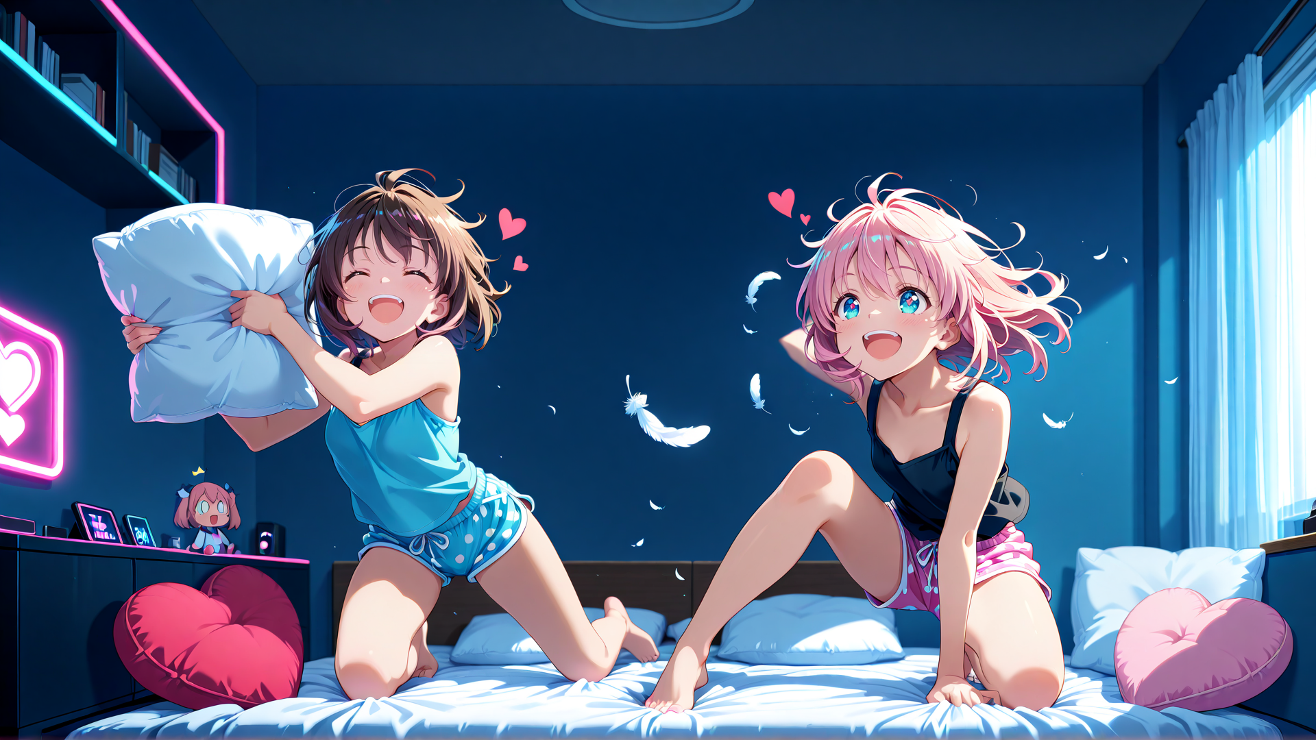 AI generated wallpaper featuring girls, pillow, bed