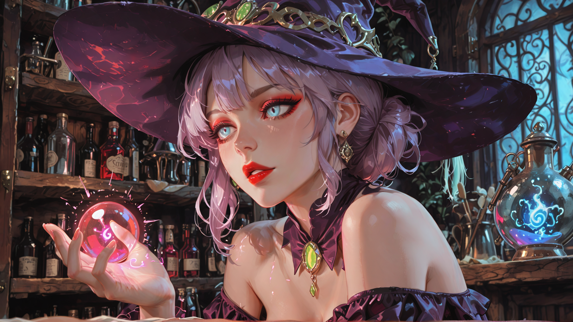AI generated wallpaper featuring witch, crystal ball, bottle, hat, gloves, laboratory, cherry, earring, dress, candle