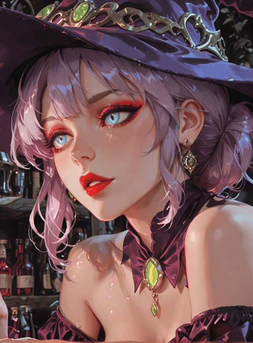 witch, crystal ball, bottle, hat, gloves, laboratory, cherry, earring, dress, candle