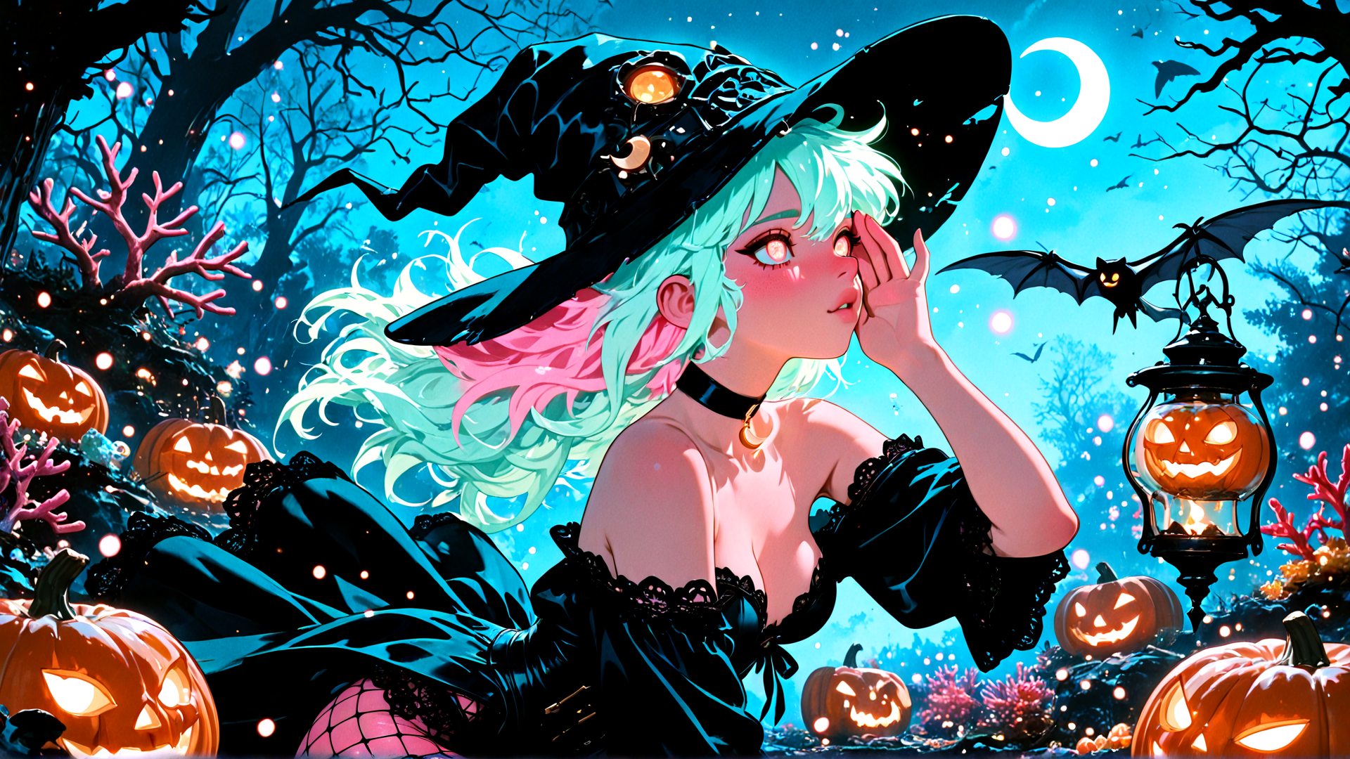 AI generated wallpaper featuring witch, pumpkin, bat, candle, coral, moon, lantern, trees, hat, ghost