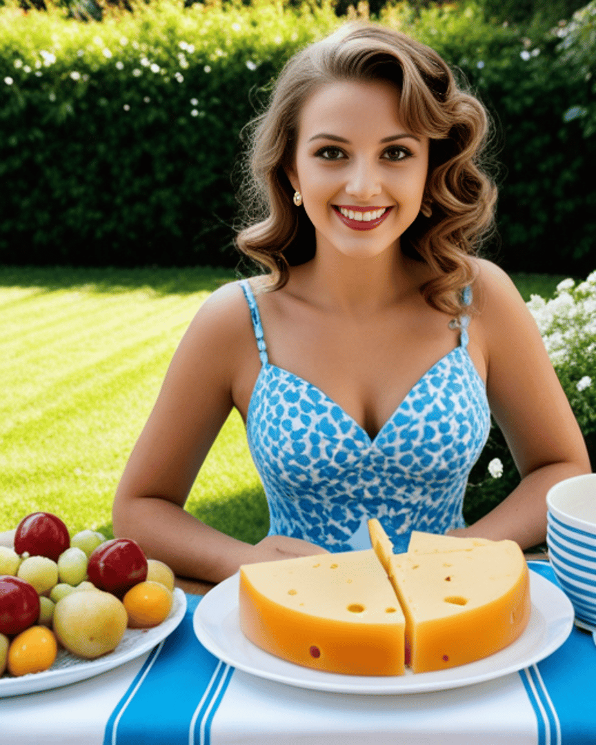 AI generated wallpaper featuring woman, cheese, fruit