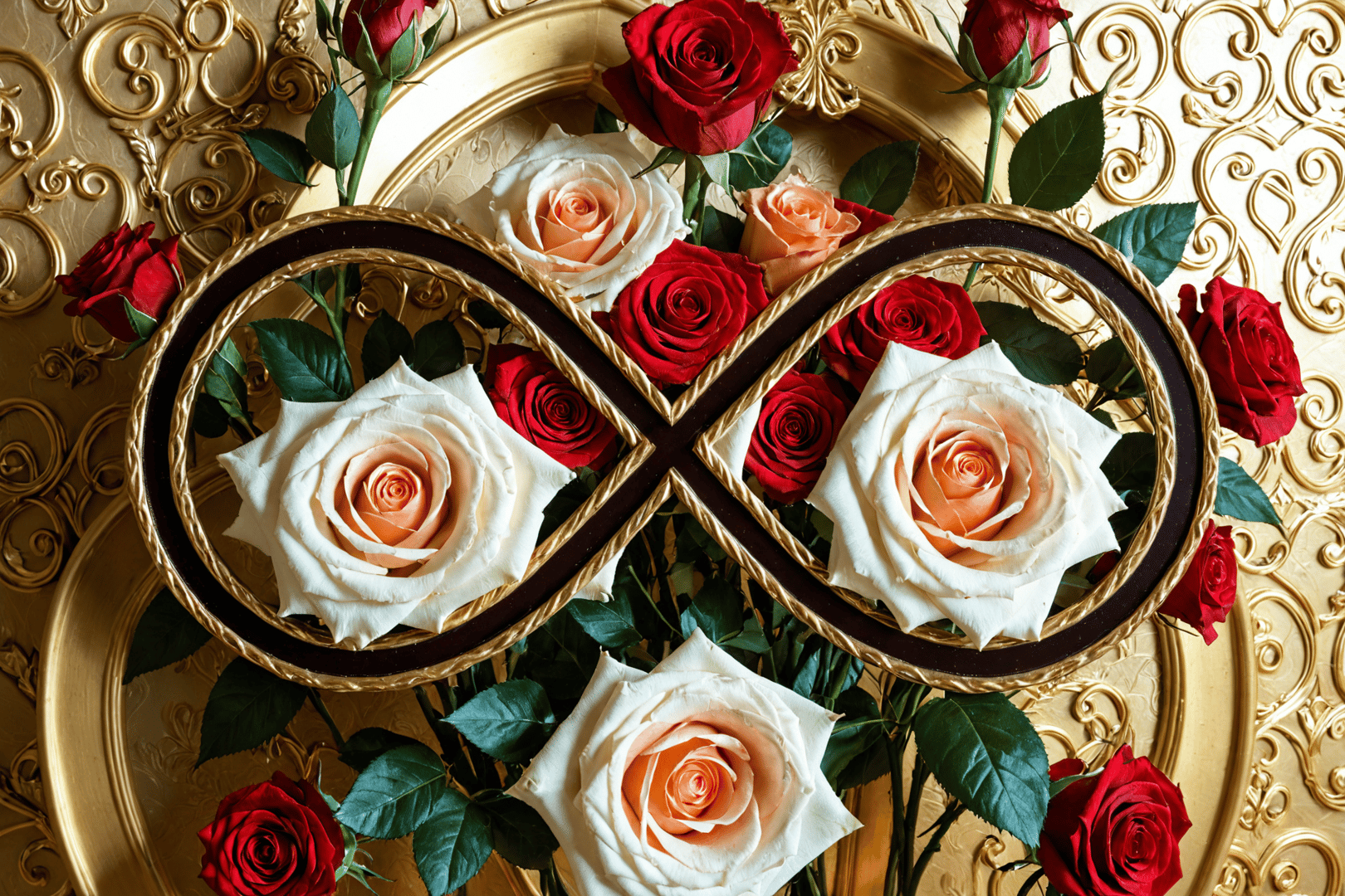AI generated wallpaper featuring roses, infinity symbol, gold plate