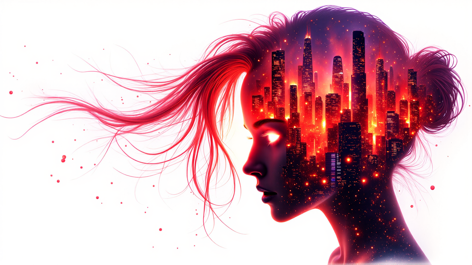 AI generated wallpaper featuring woman, cityscape, hair, silhouette