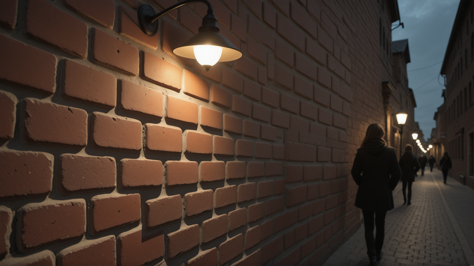 AI generated wallpaper featuring street, lamp, brick wall, person, alley, buildings