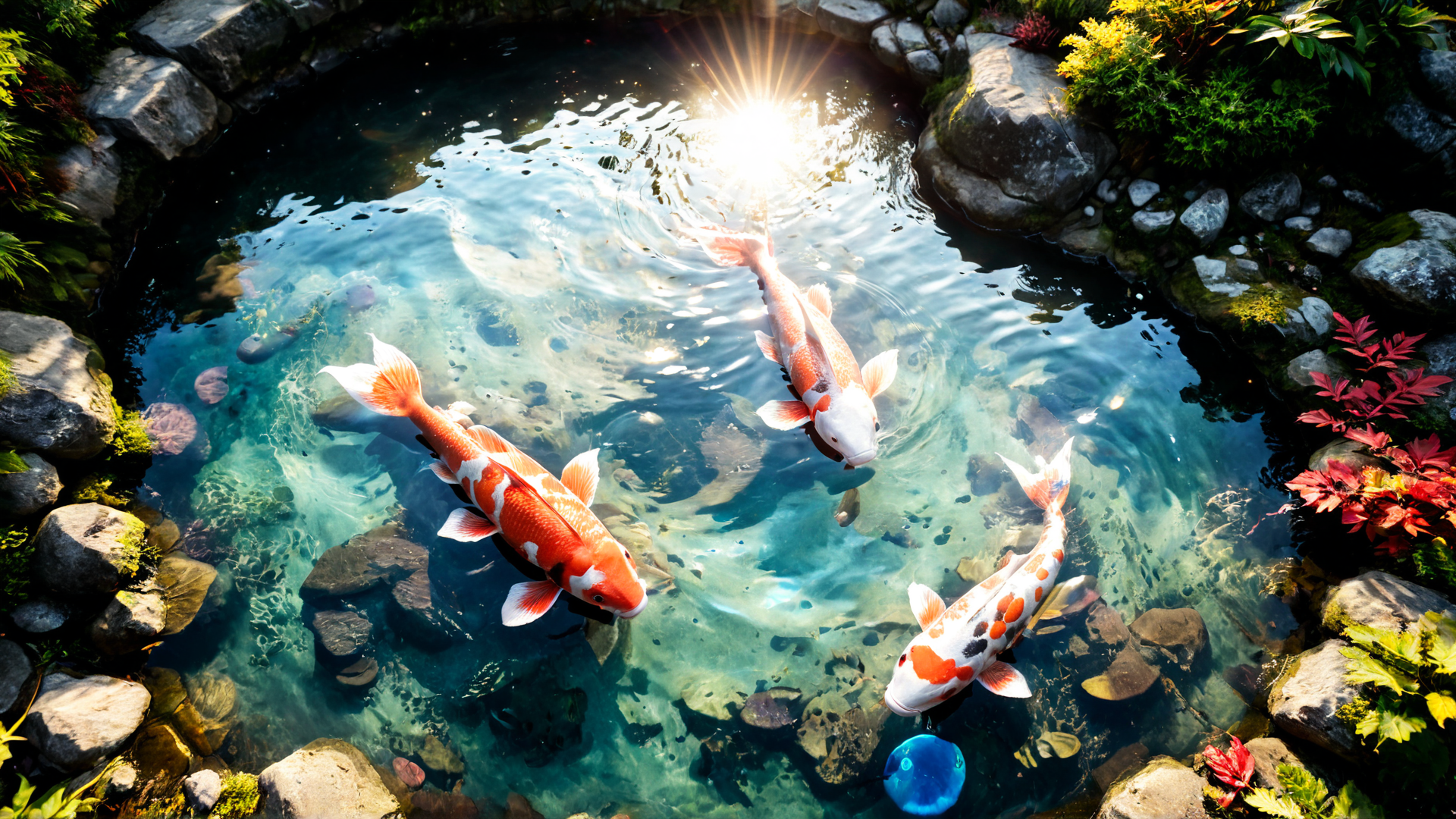 AI generated wallpaper featuring koi fish, pond, rocks